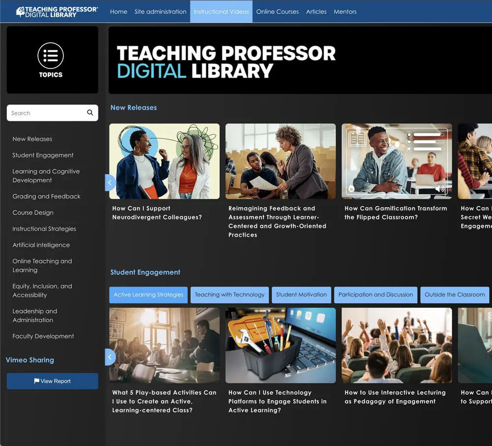 Teaching Professor Digital Library — Instructional Videos dashboard preview