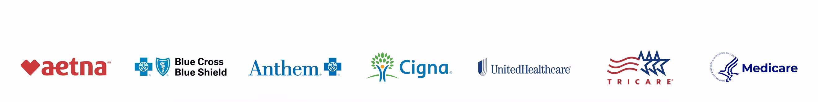Aetna, Blue Cross Blue Shield, Anthem, Cigna, UnitedHealthcare, TRICARE, and Medicare logos